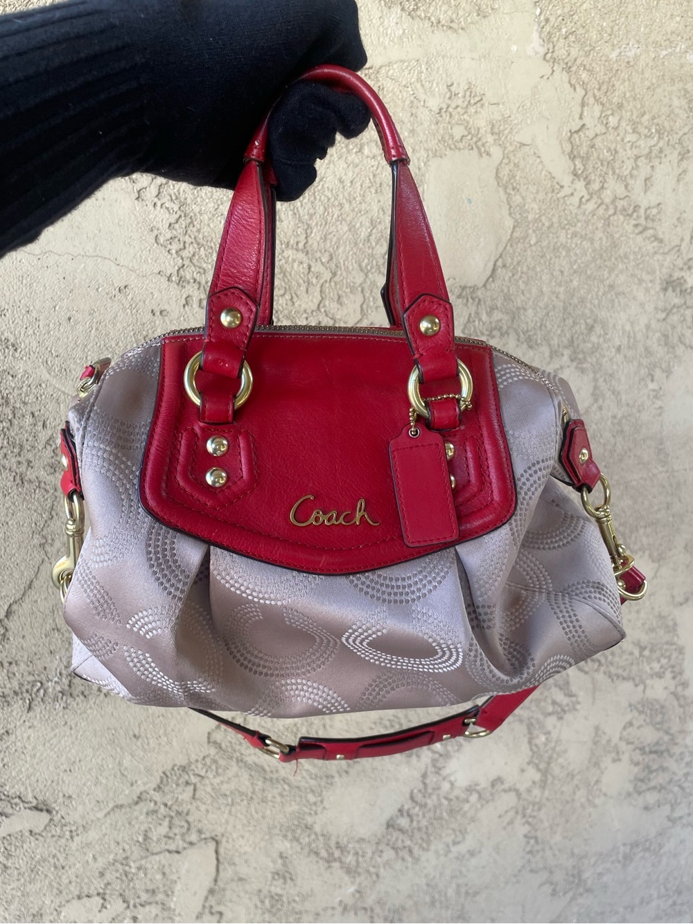 Coach Ashley  khaki  Jacquard Satchel with Red Leather Trim 2012
